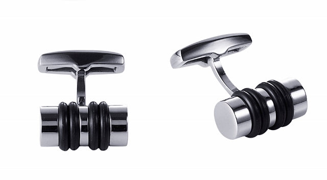 Stainless Steel & Black Rubber Cylinder Cufflinks