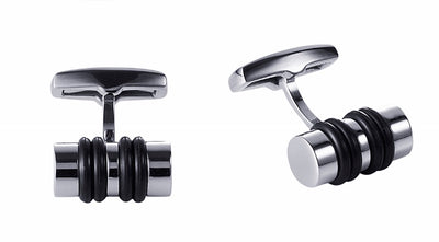 Stainless Steel & Black Rubber Cylinder Cufflinks