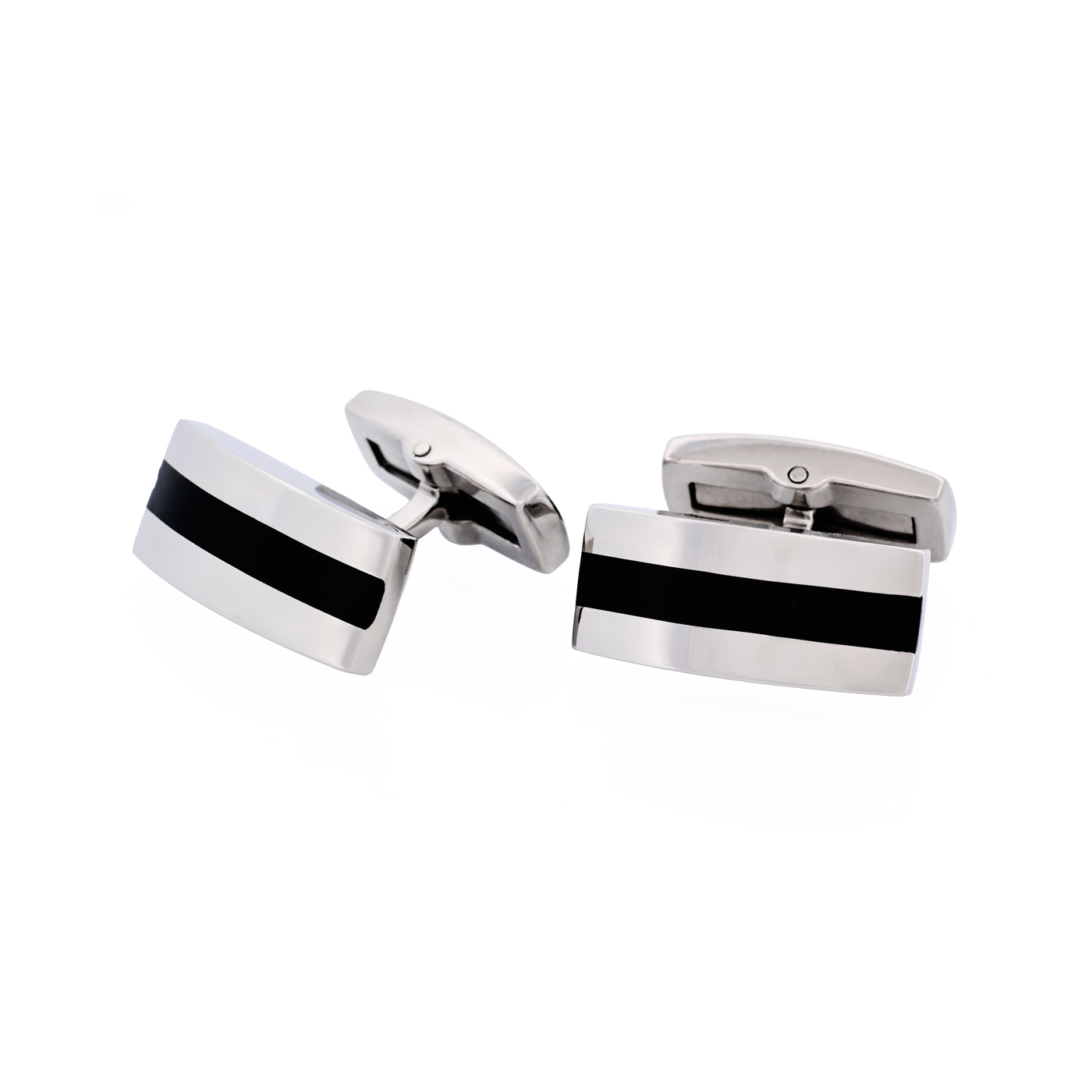 Polished Stainless & Black Enamel Stripe Cufflinks