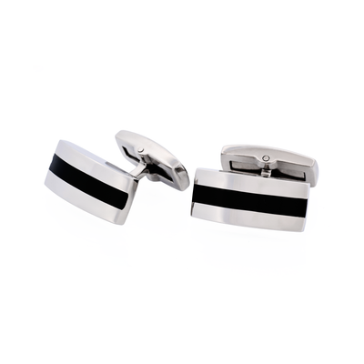 Polished Stainless & Black Enamel Stripe Cufflinks