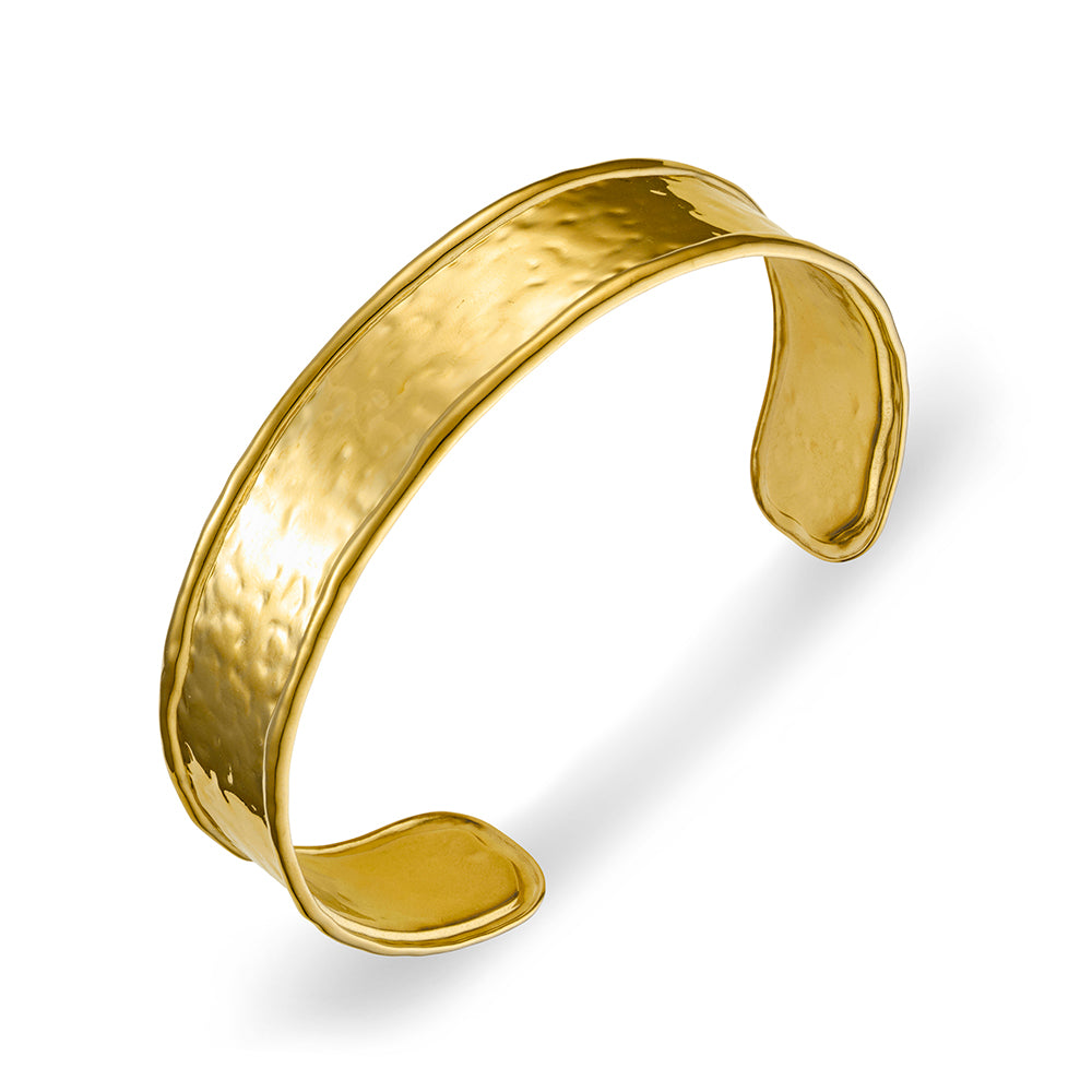 18CT gold plated wide textured cuff bangle in stainless steel, hypoallergenic waterproof jewellery