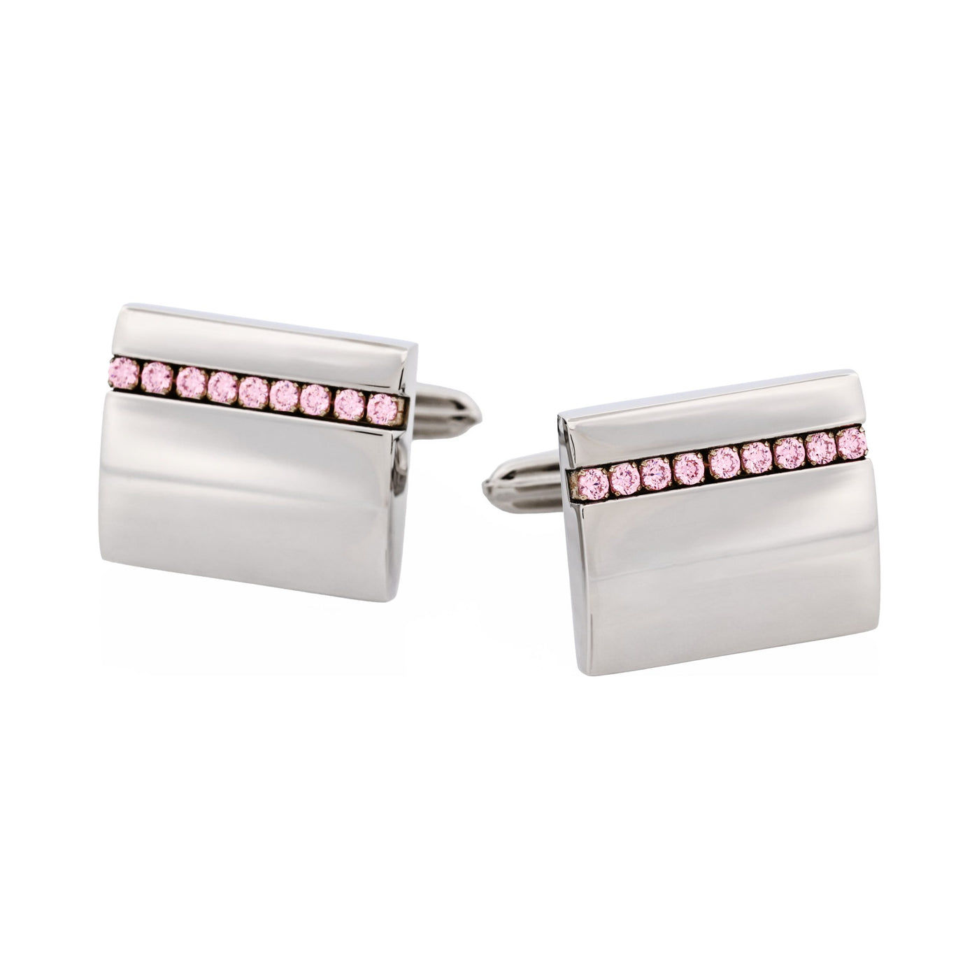 Polished Stainless Steel Curved Face & Pink Cubic Zirconia Cufflinks