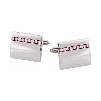 Polished Stainless Steel Curved Face & Pink Cubic Zirconia Cufflinks
