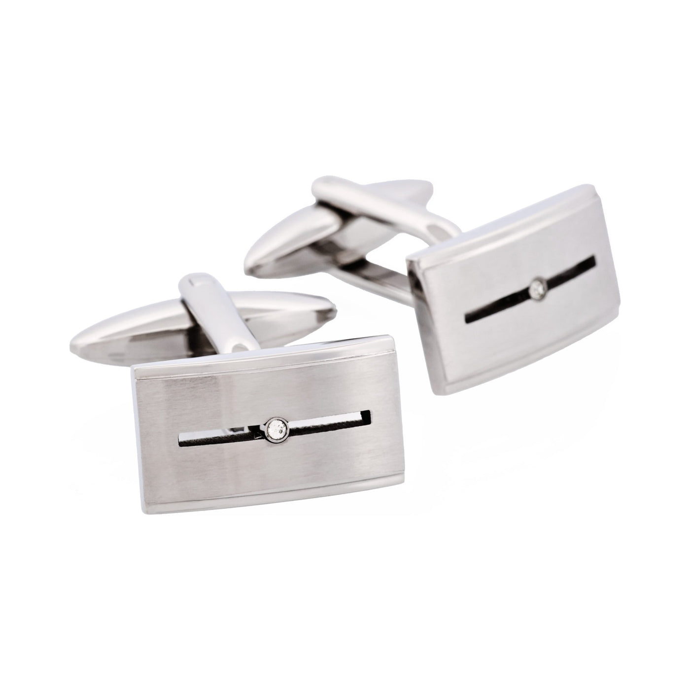 Brushed Stainless Steel Cufflinks with Single Cubic Zirconia