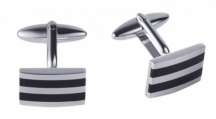 Polished Stainless Steel Ion Plated Black Striped Cufflinks