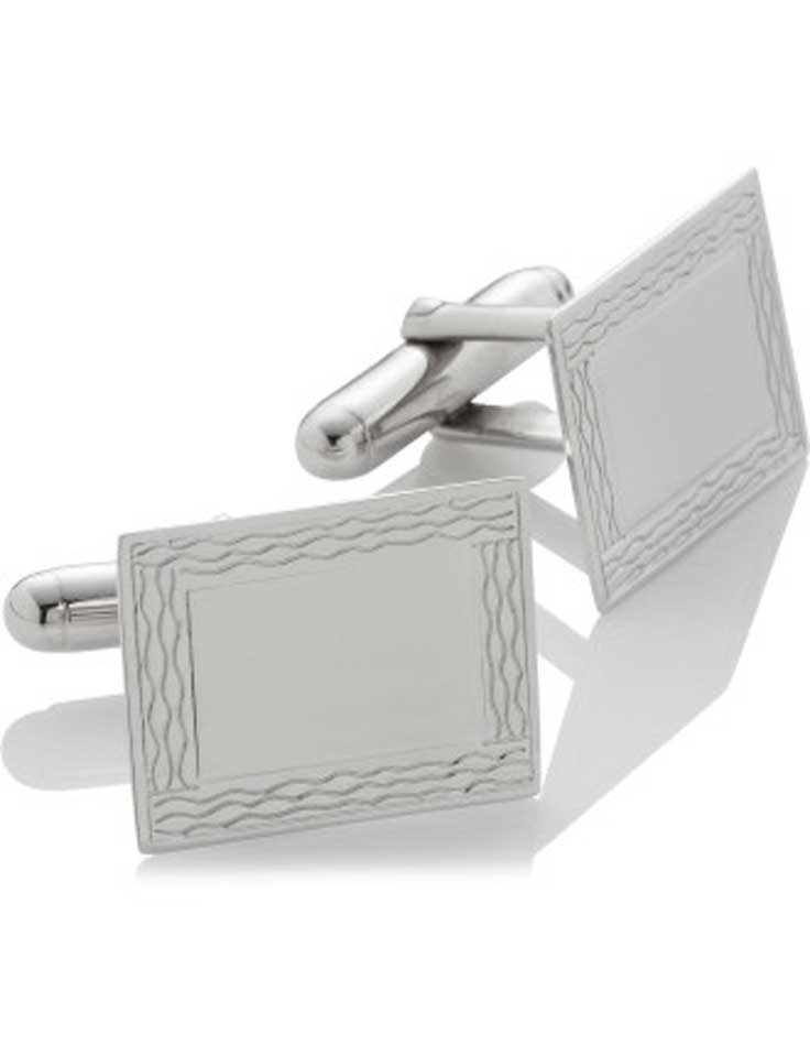Polished Rhodium Plated Sterling Silver Rectangle Cufflinks with Engine Turn Frame