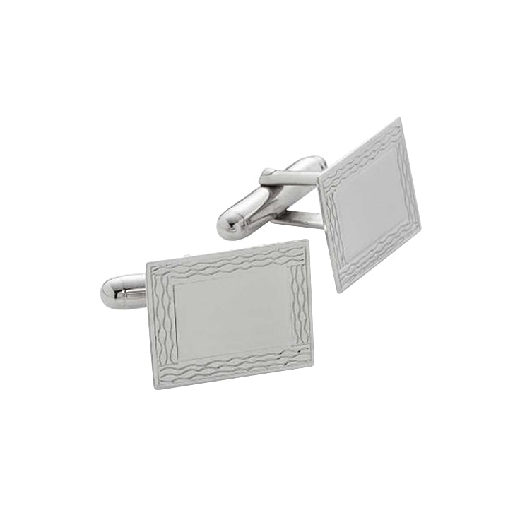 Polished Rhodium Plated Sterling Silver Rectangle Cufflinks with Engine Turn Frame