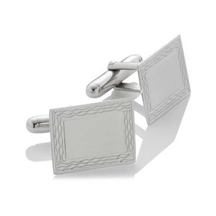Polished Rhodium Plated Sterling Silver Rectangle Cufflinks with Engine Turn Frame