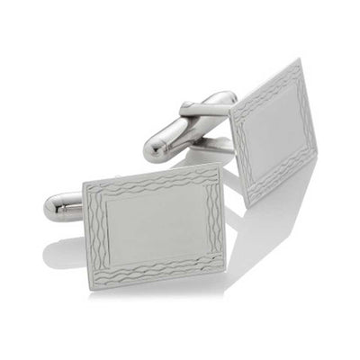 Polished Rhodium Plated Sterling Silver Rectangle Cufflinks with Engine Turn Frame