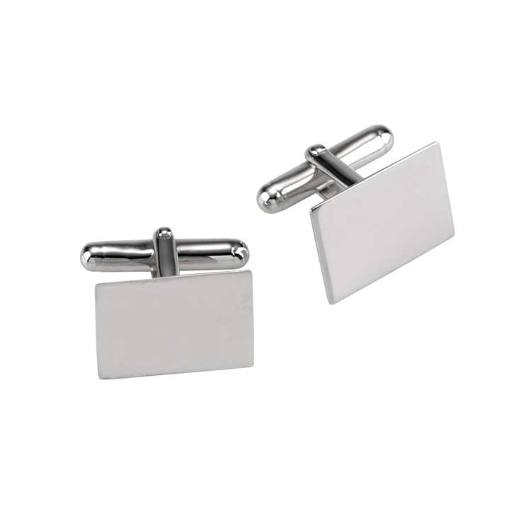 Polished Rhodium Plated Sterling Silver Flat Rectangle Cufflinks