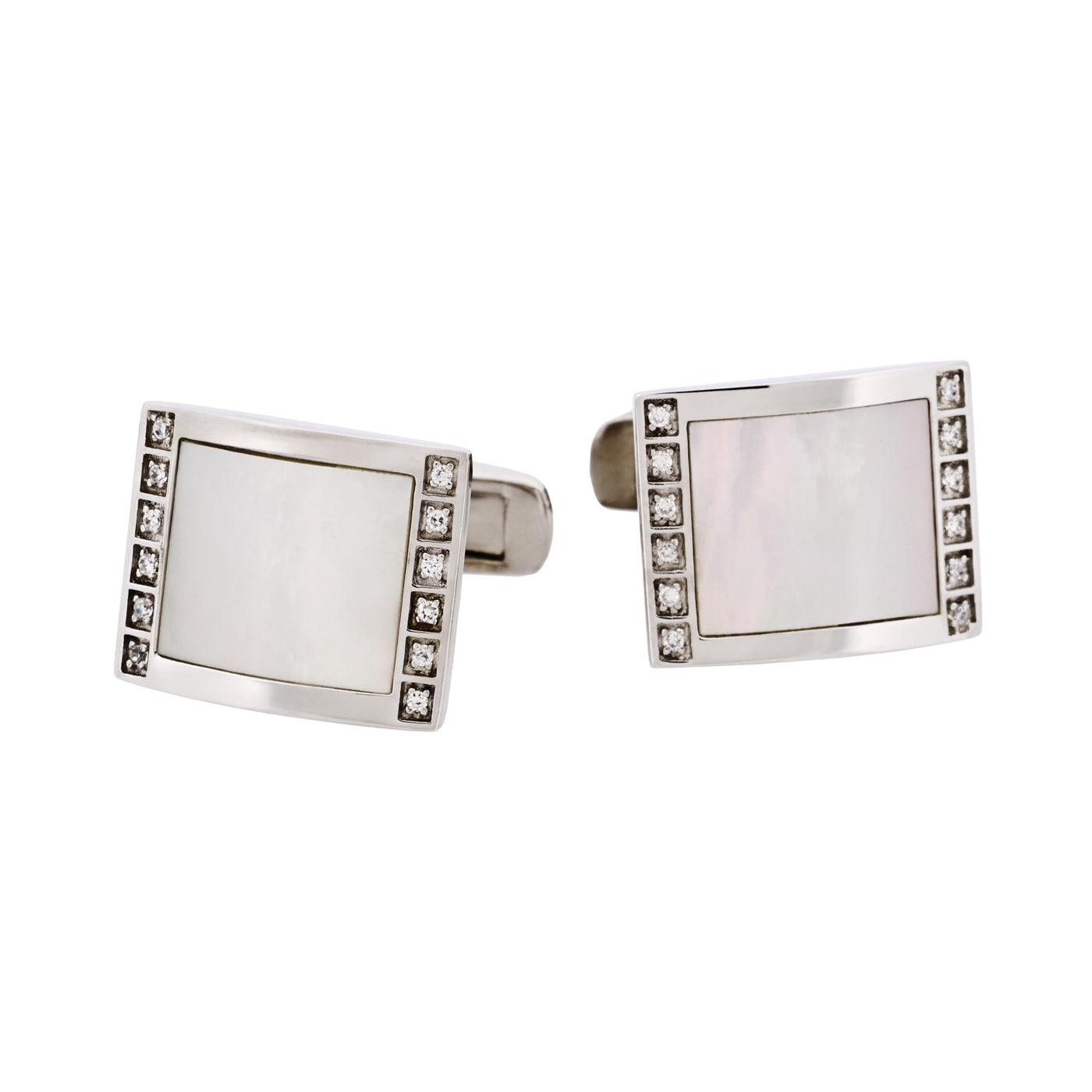 Rhodium Plated Sterling Silver Cufflinks with Square Mother Of Pearl Inlay & Cubic Zirconia Edges