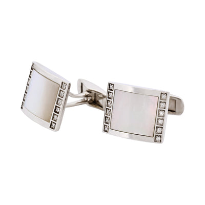 Rhodium Plated Sterling Silver Cufflinks with Square Mother Of Pearl Inlay & Cubic Zirconia Edges