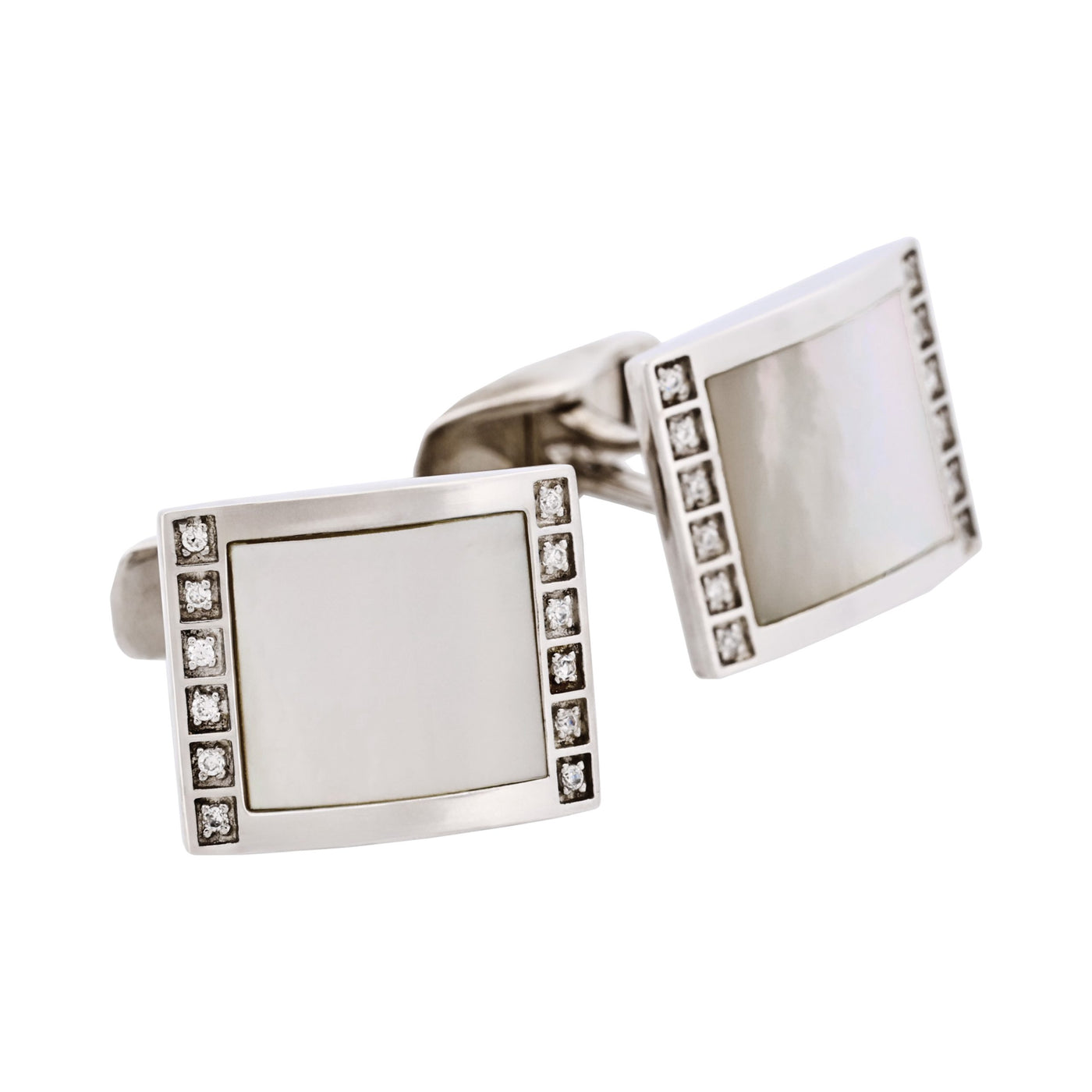 Rhodium Plated Sterling Silver Cufflinks with Square Mother Of Pearl Inlay & Cubic Zirconia Edges