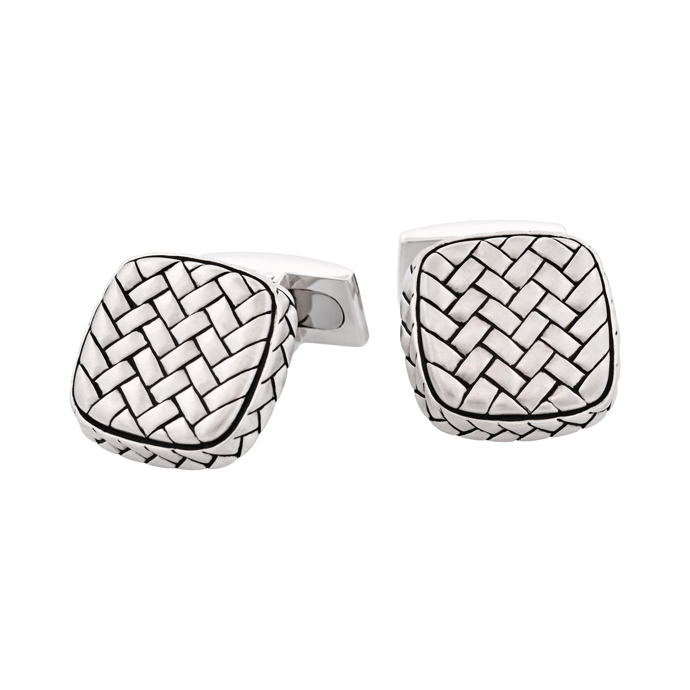 Rhodium Plated Sterling Silver Cushion Shape Weave Cufflinks