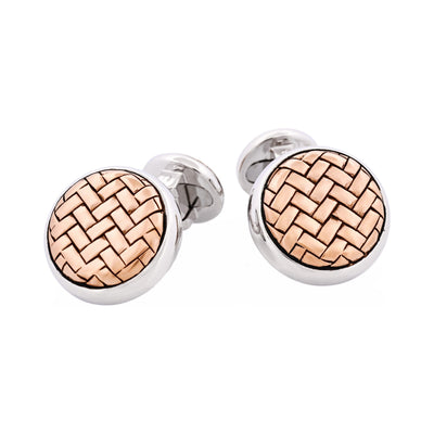 Rhodium Plated & Rose Gold Plated Sterling Silver Round Weave Cufflinks