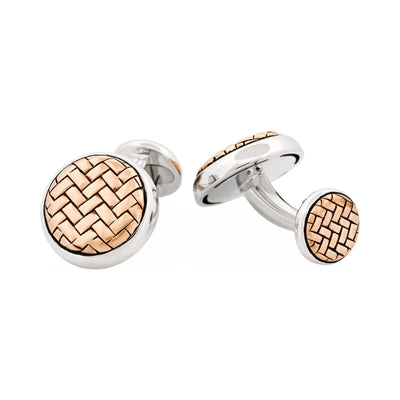 Rhodium Plated & Rose Gold Plated Sterling Silver Round Weave Cufflinks
