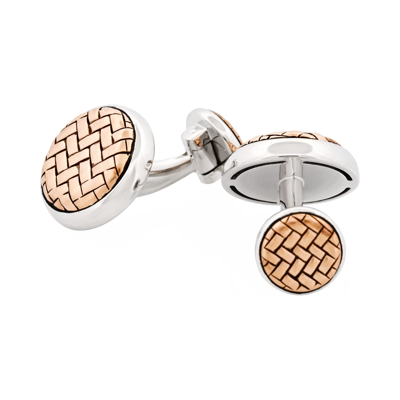 Rhodium Plated & Rose Gold Plated Sterling Silver Round Weave Cufflinks