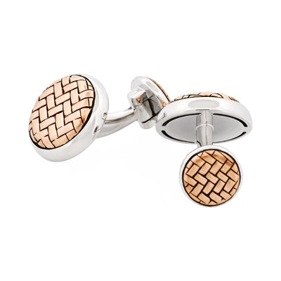 Rhodium Plated & Rose Gold Plated Sterling Silver Round Weave Cufflinks