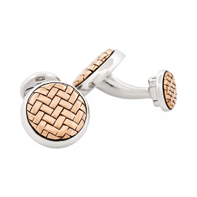 Rhodium Plated & Rose Gold Plated Sterling Silver Round Weave Cufflinks