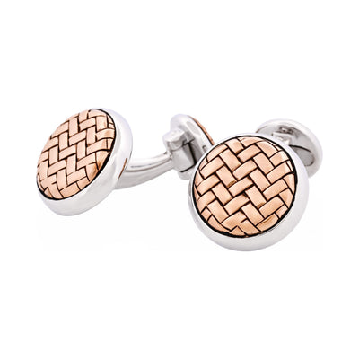 Rhodium Plated & Rose Gold Plated Sterling Silver Round Weave Cufflinks