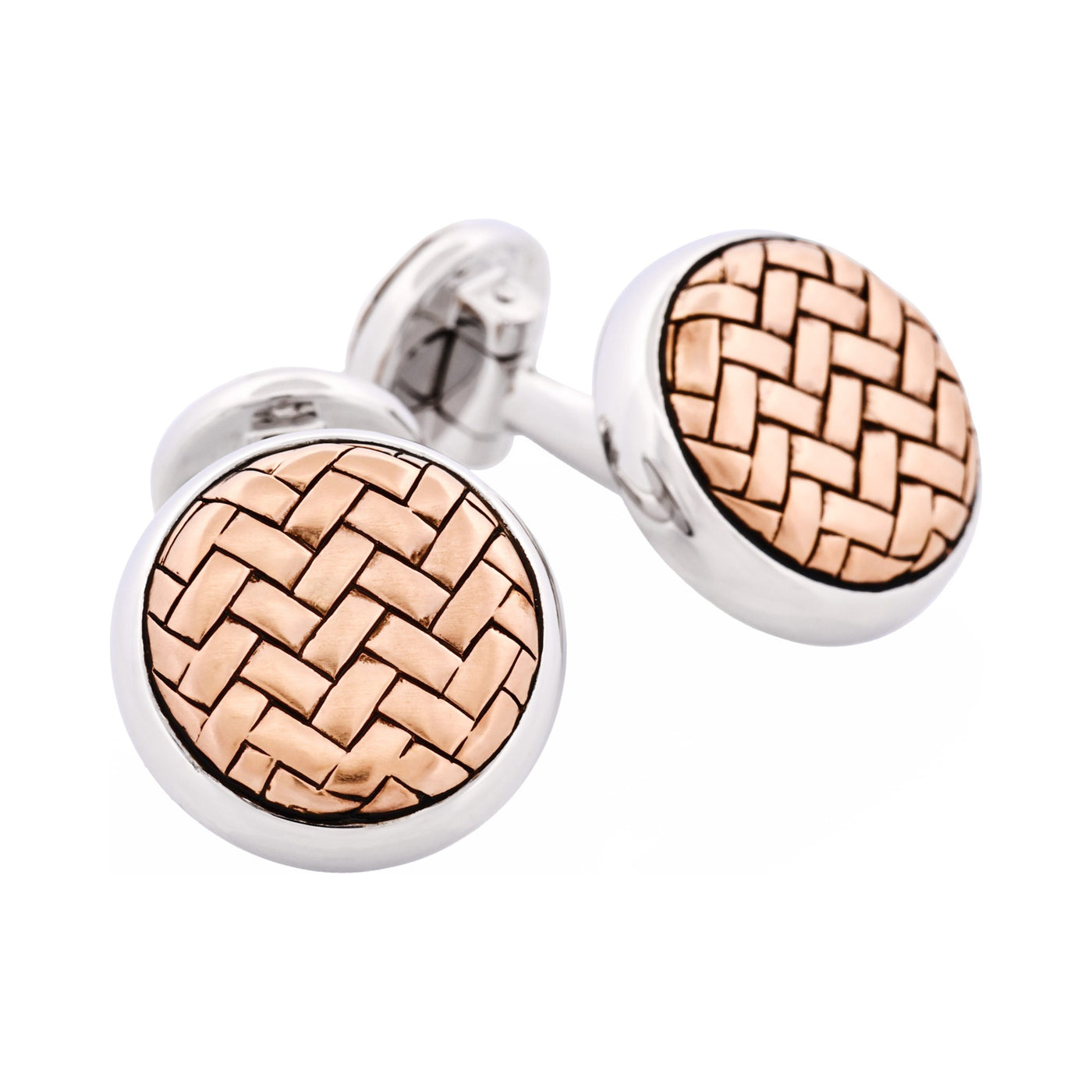 Rhodium Plated & Rose Gold Plated Sterling Silver Round Weave Cufflinks