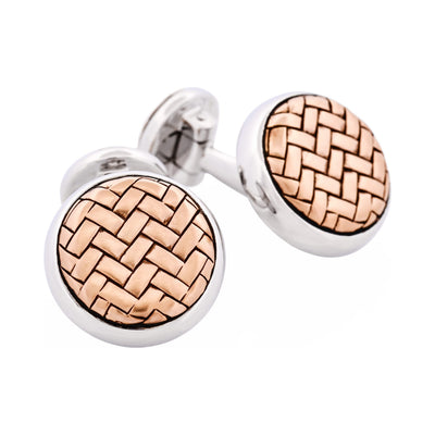 Rhodium Plated & Rose Gold Plated Sterling Silver Round Weave Cufflinks