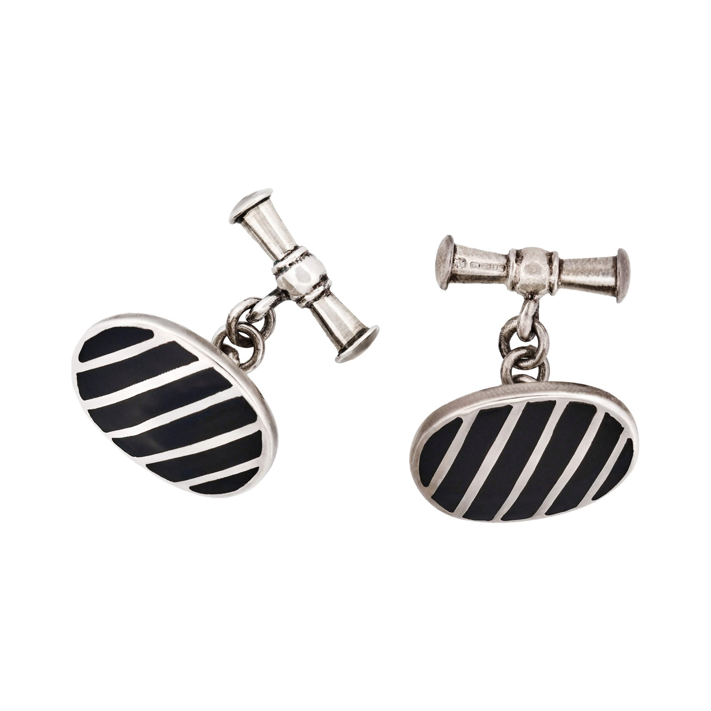 Striped Sterling Silver Oval Cufflinks with Black Lacquer on Chain