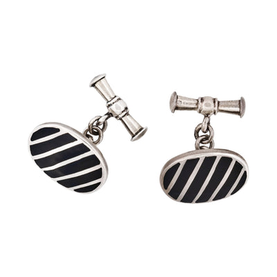 Striped Sterling Silver Oval Cufflinks with Black Lacquer on Chain