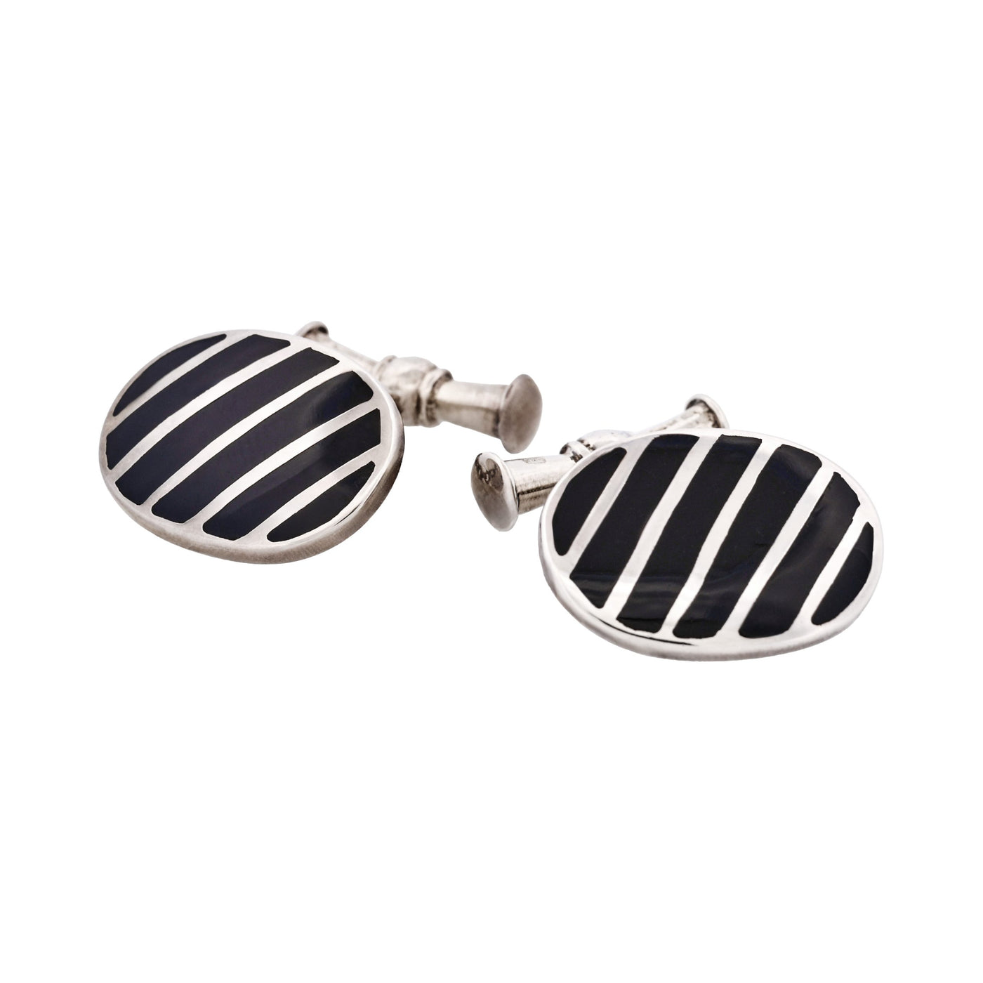 Striped Sterling Silver Oval Cufflinks with Black Lacquer on Chain