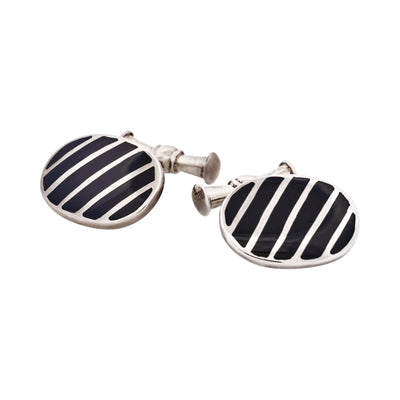 Striped Sterling Silver Oval Cufflinks with Black Lacquer on Chain
