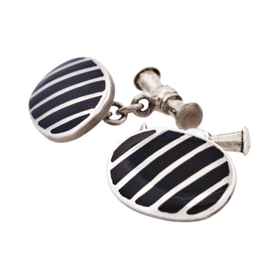 Striped Sterling Silver Oval Cufflinks with Black Lacquer on Chain
