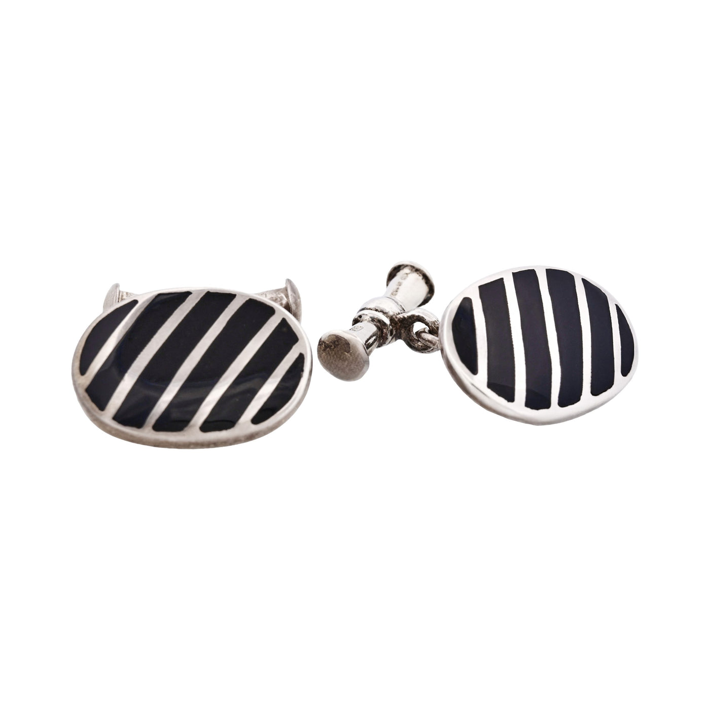 Striped Sterling Silver Oval Cufflinks with Black Lacquer on Chain