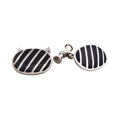 Striped Sterling Silver Oval Cufflinks with Black Lacquer on Chain