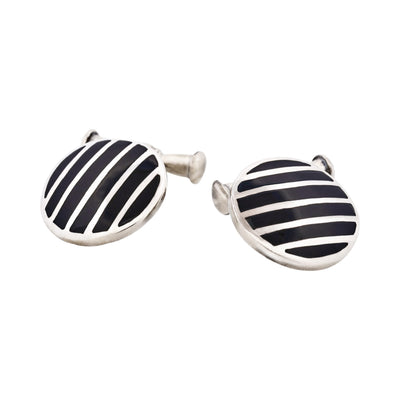 Striped Sterling Silver Round Cufflinks with Onyx on Chain