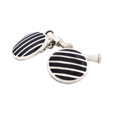 Striped Sterling Silver Round Cufflinks with Onyx on Chain