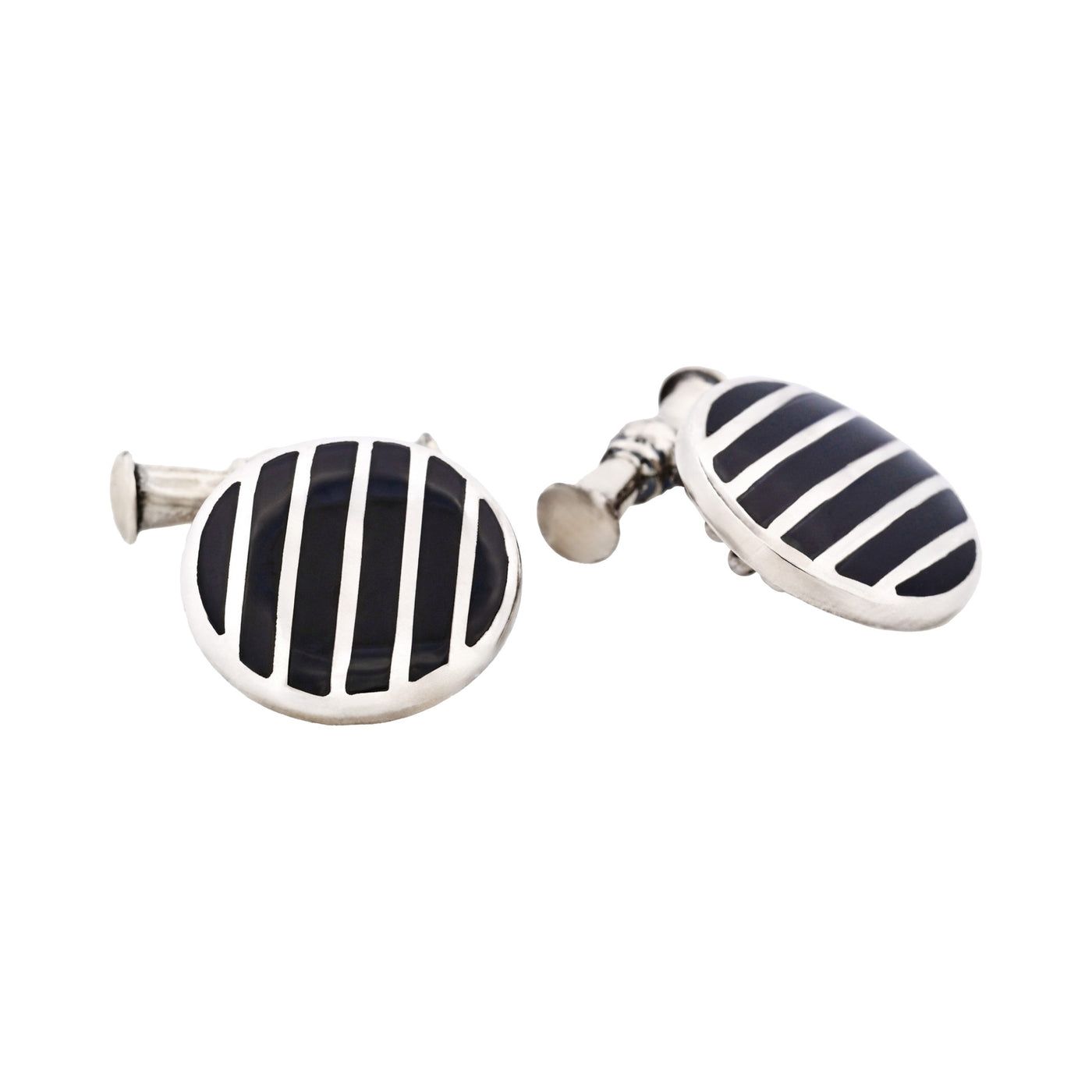 Striped Sterling Silver Round Cufflinks with Onyx on Chain