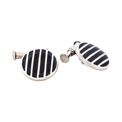 Striped Sterling Silver Round Cufflinks with Onyx on Chain