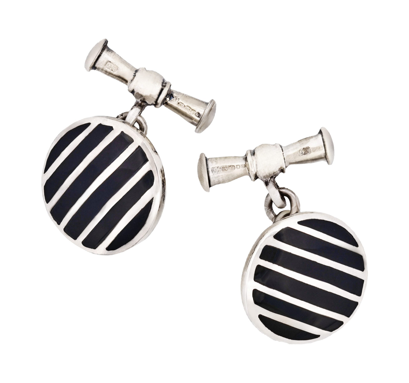 Striped Sterling Silver Round Cufflinks with Onyx on Chain