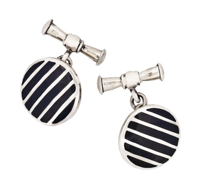 Striped Sterling Silver Round Cufflinks with Onyx on Chain