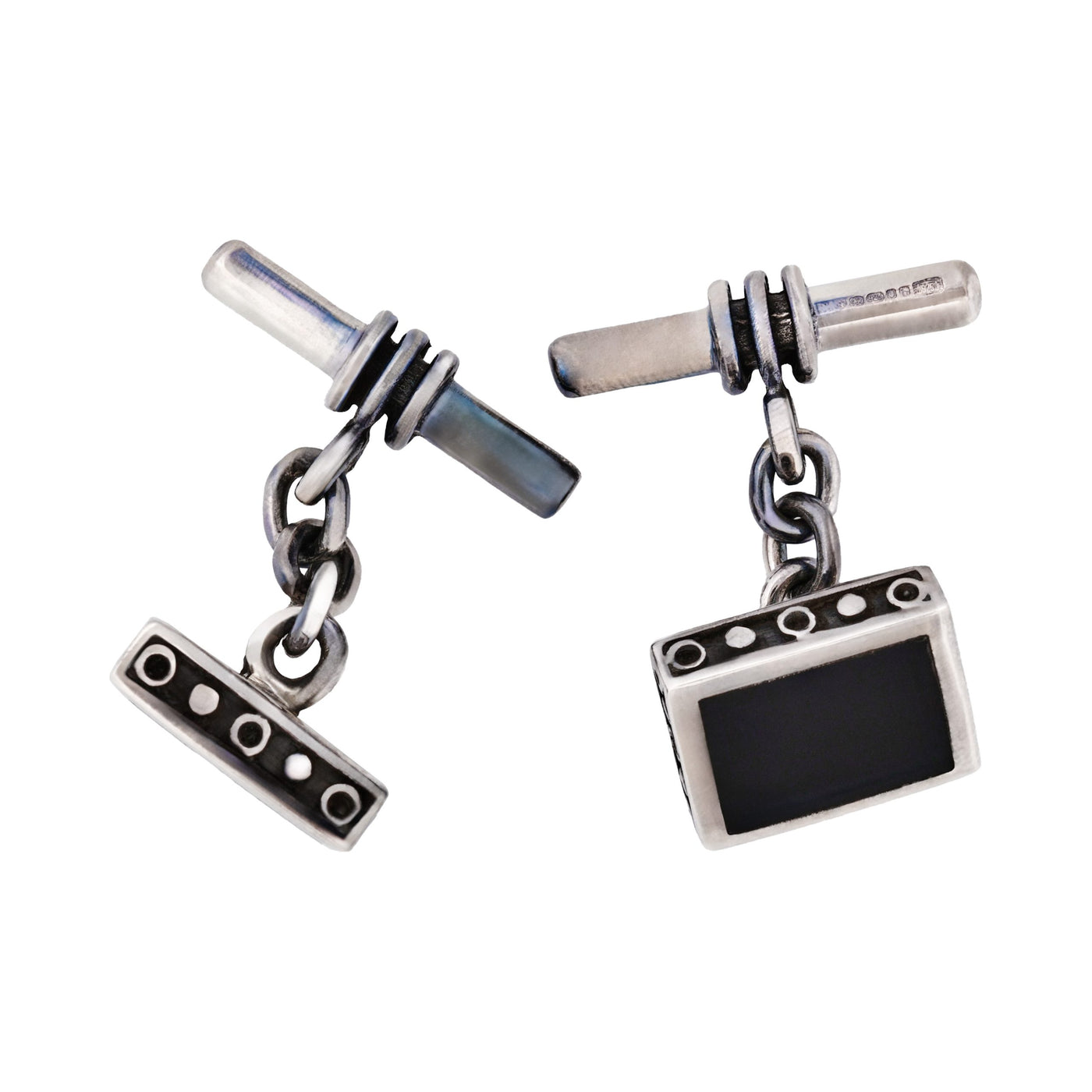 Square Sterling Silver Cufflinks with Onyx Inlay on T-Bar & Chain