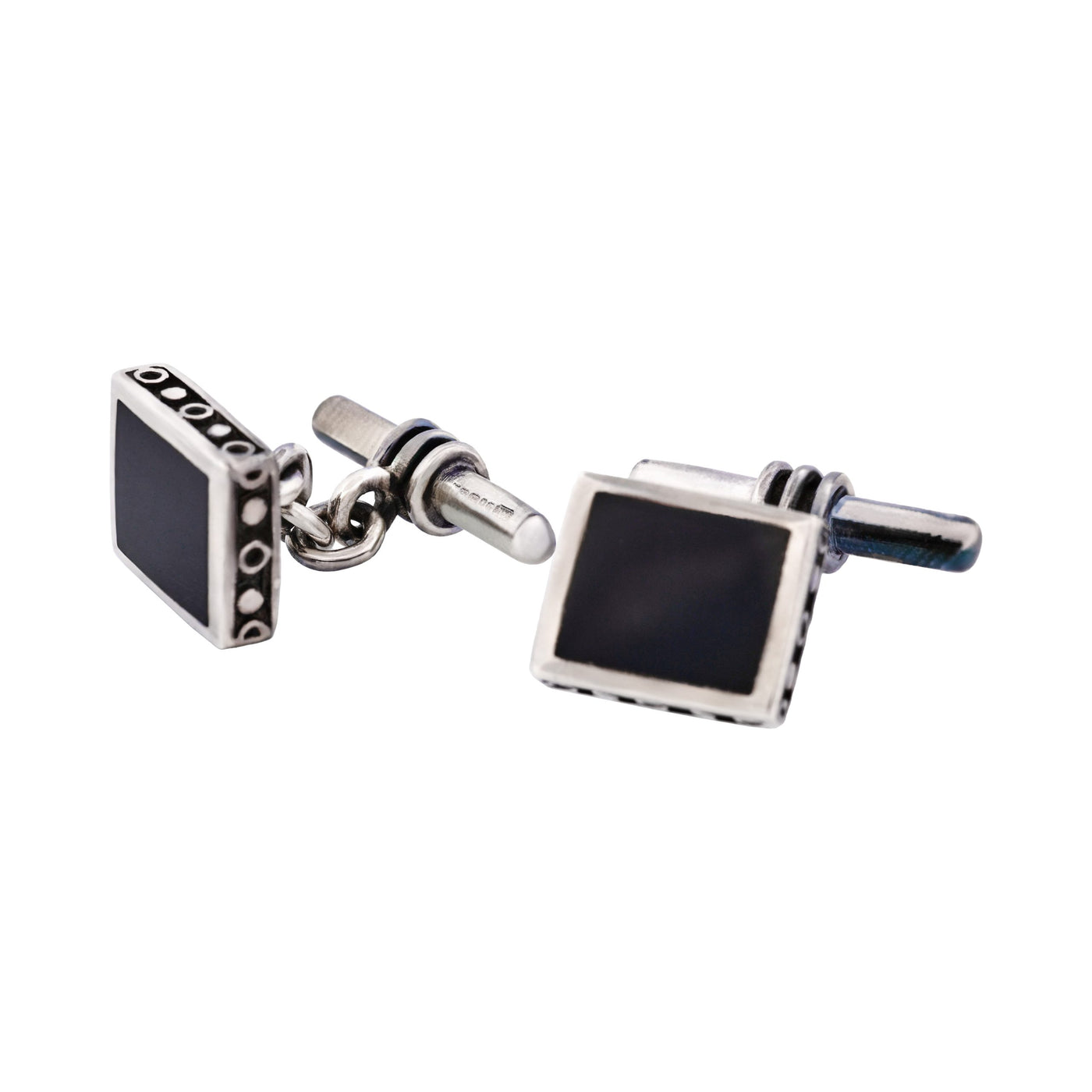 Square Sterling Silver Cufflinks with Onyx Inlay on T-Bar & Chain