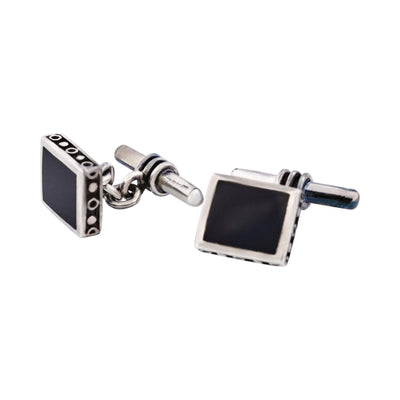 Square Sterling Silver Cufflinks with Onyx Inlay on T-Bar & Chain