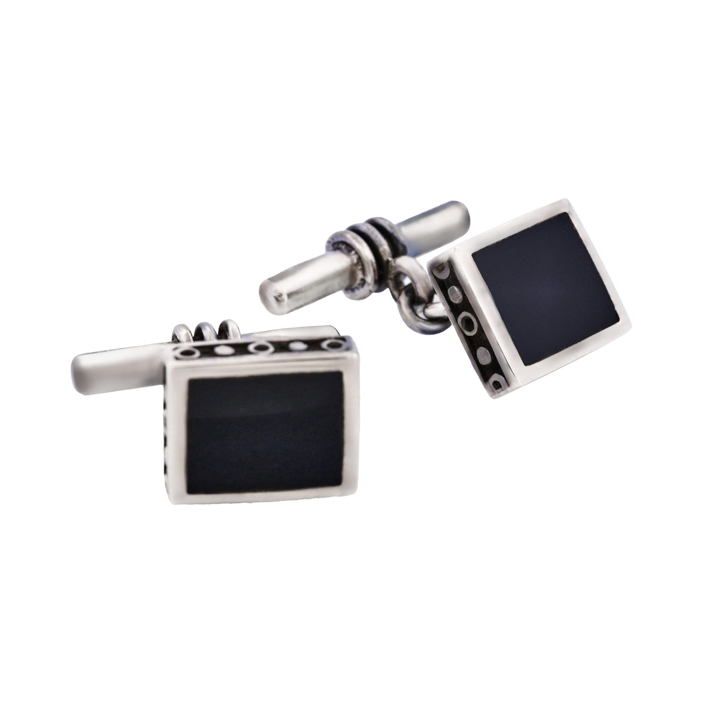 Square Sterling Silver Cufflinks with Onyx Inlay on T-Bar & Chain