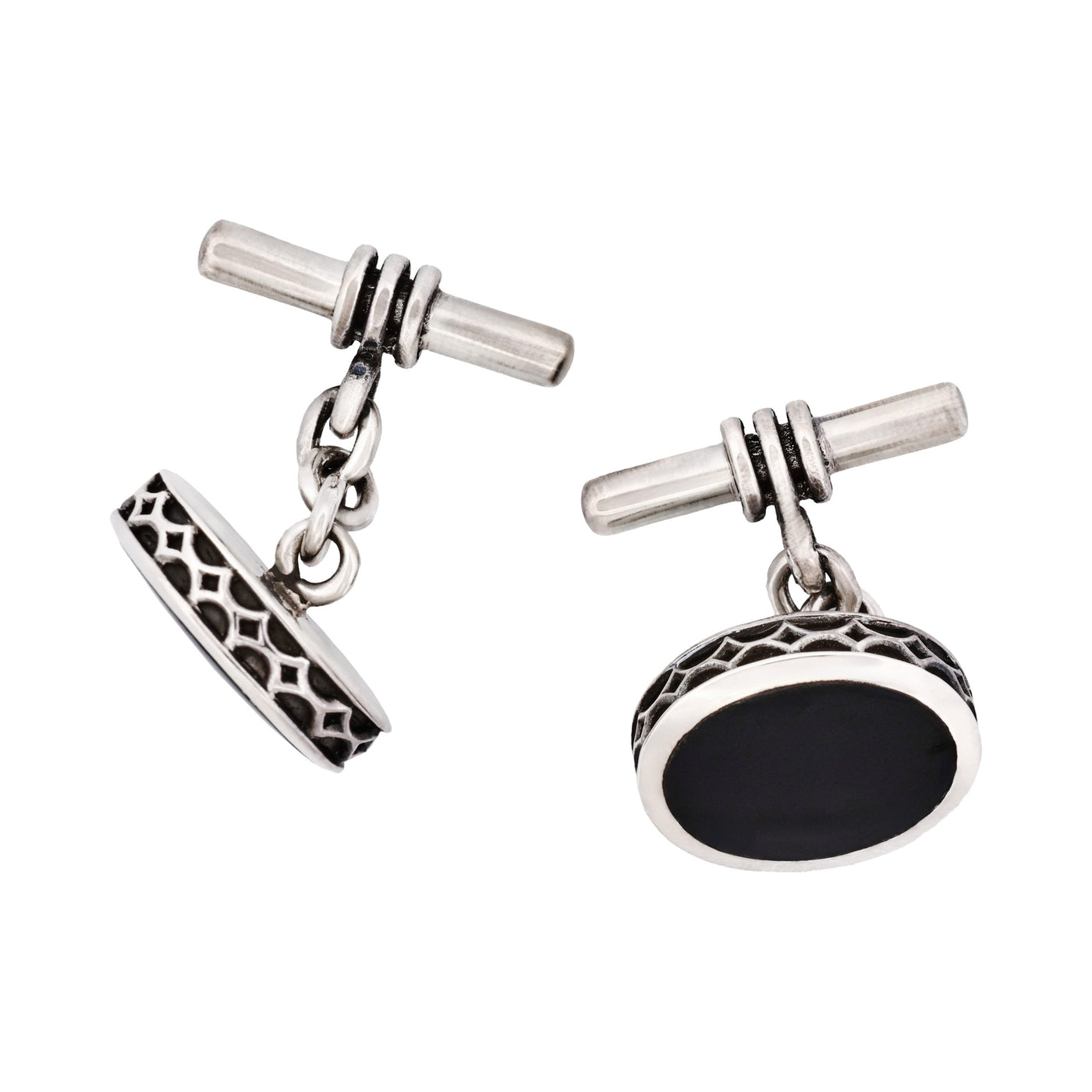 Sterling Silver Oval Cufflinks with Onyx Inlay & Vintage Edge on Chain