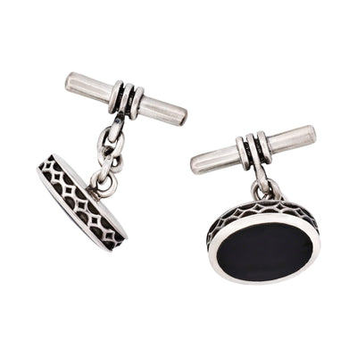 Sterling Silver Oval Cufflinks with Onyx Inlay & Vintage Edge on Chain