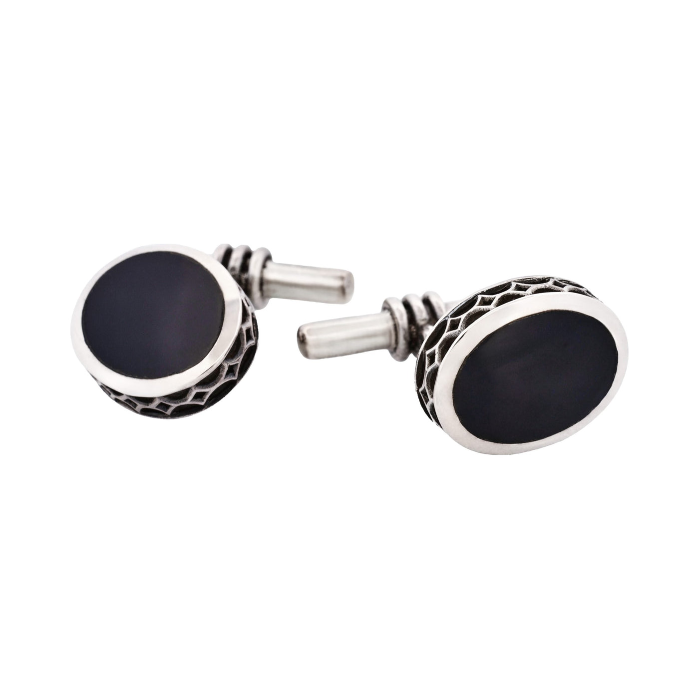 Sterling Silver Oval Cufflinks with Onyx Inlay & Vintage Edge on Chain