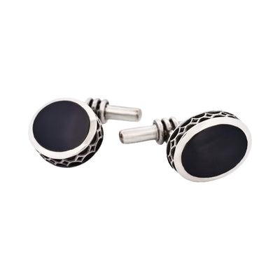 Sterling Silver Oval Cufflinks with Onyx Inlay & Vintage Edge on Chain