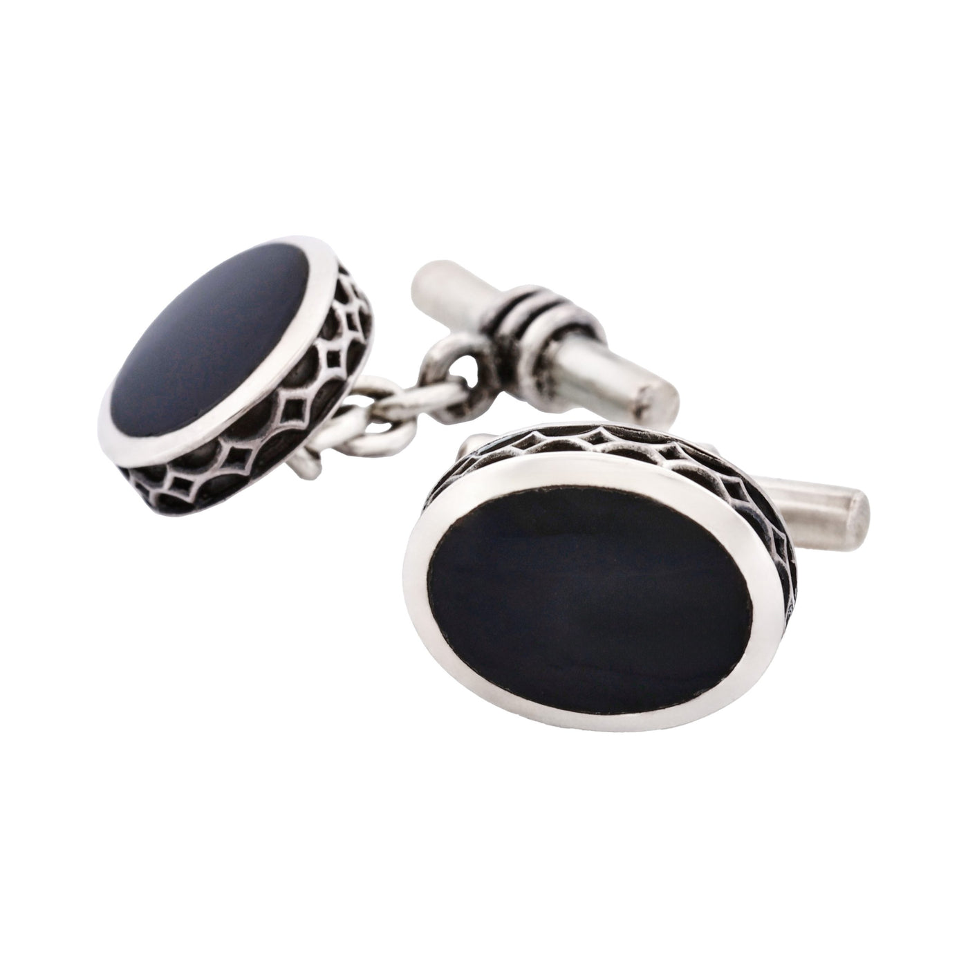 Sterling Silver Oval Cufflinks with Onyx Inlay & Vintage Edge on Chain