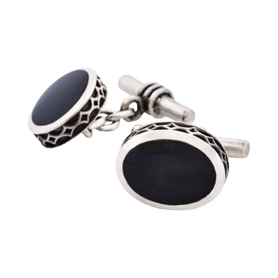 Sterling Silver Oval Cufflinks with Onyx Inlay & Vintage Edge on Chain
