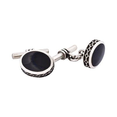 Sterling Silver Oval Cufflinks with Onyx Inlay & Vintage Edge on Chain